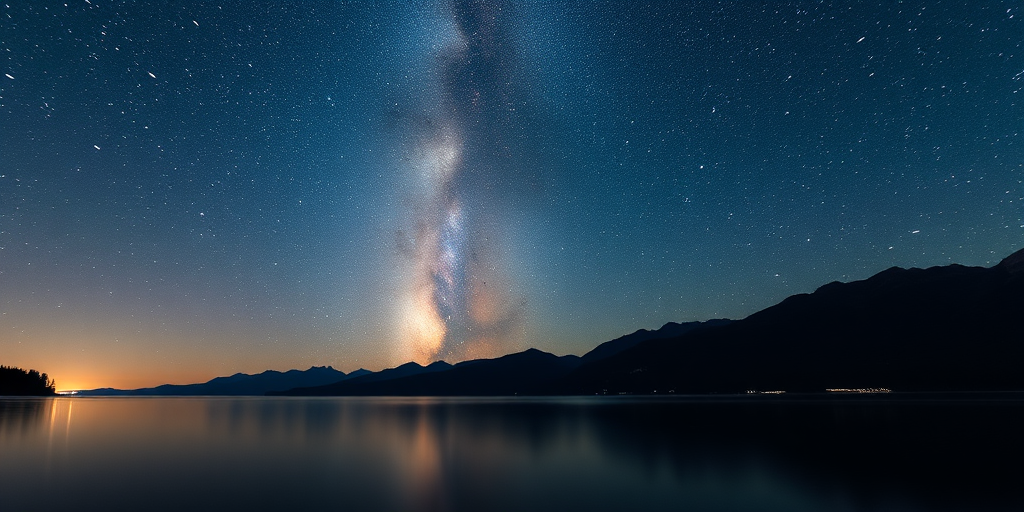 Capture a night sky scene over a calm lake with the Milky Way clearly visible above mountains in the background, using a Canon EOS R5 camera, 24mm focal length, f/2.8 aperture, ISO 1600, 20-second exposure, wide-angle view for enhanced depth, long exposure technique to accentuate star trails and reflections on the water.