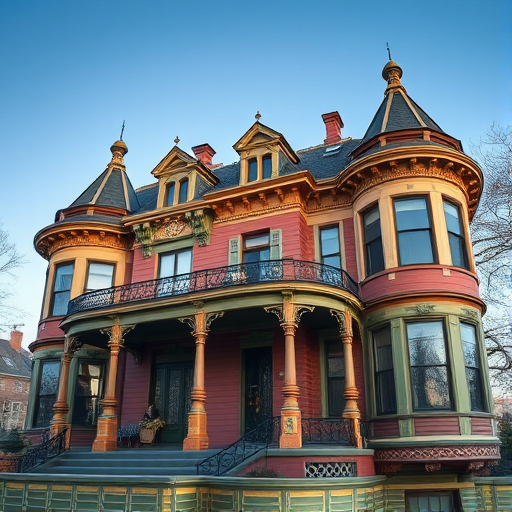Capture a high-resolution image of a classic Victorian mansion, using a DSLR camera with a 50mm lens at f/2.8, ISO 100, in bright daylight from a low angle for dramatic effect, emphasizing the architectural details and symmetry.