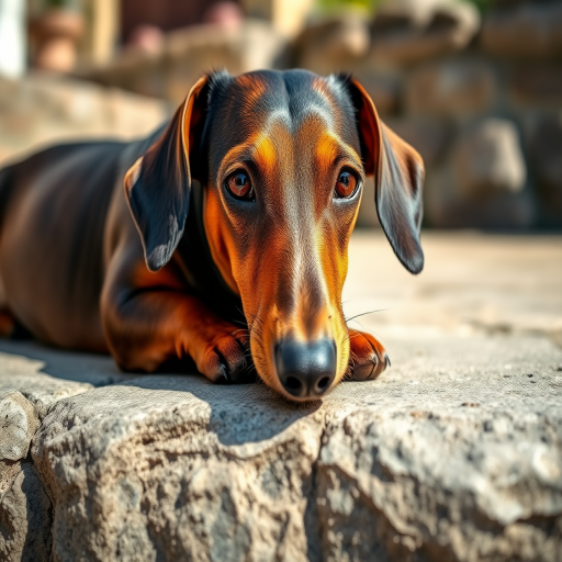 a relaxed dachshund lying on a stone surface in natural sunlight, close-up view, shallow depth of field, captured with a Canon EOS 5D Mark IV, aperture f/2.8, ISO 100, 50mm lens, soft focus background, high dynamic range