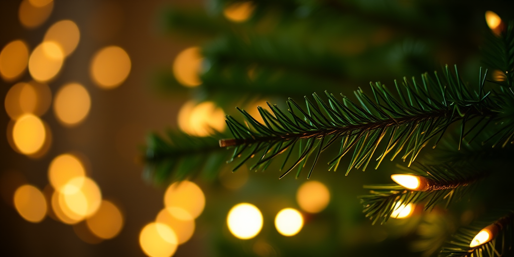 Create an image of a close-up view of a Christmas tree branch with soft glowing fairy lights in the background the overall atmosphere should feel warm and festive with a dark blurred background emphasizing the lights and greenery