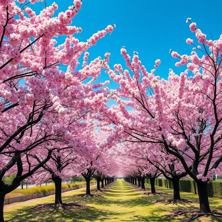 create a serene landscape of cherry blossom trees in full bloom with vibrant pink flowers under a bright blue sky, use a Canon EOS R5 with a 50mm f/1.8 lens, aperture set to f/2.8, shutter speed at 1/200s, ISO 100, and a soft focus effect to enhance image quality and depth.