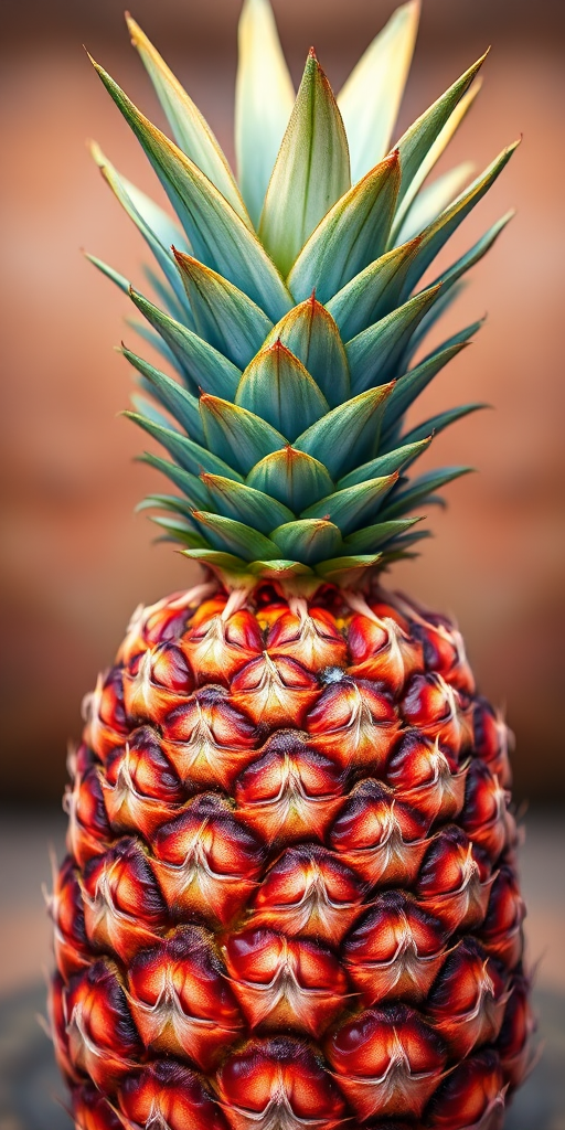 Create a high-resolution digital illustration of a pineapple with vibrant colors, using a DSLR camera, 50mm lens, f/2.8 aperture, 1/200 shutter speed, and a soft-focus background effect.
