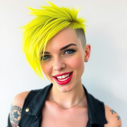 Daring neon yellow-haired rebel with an edgy, asymmetrical pixie cut featuring shaved sides and spiky texture