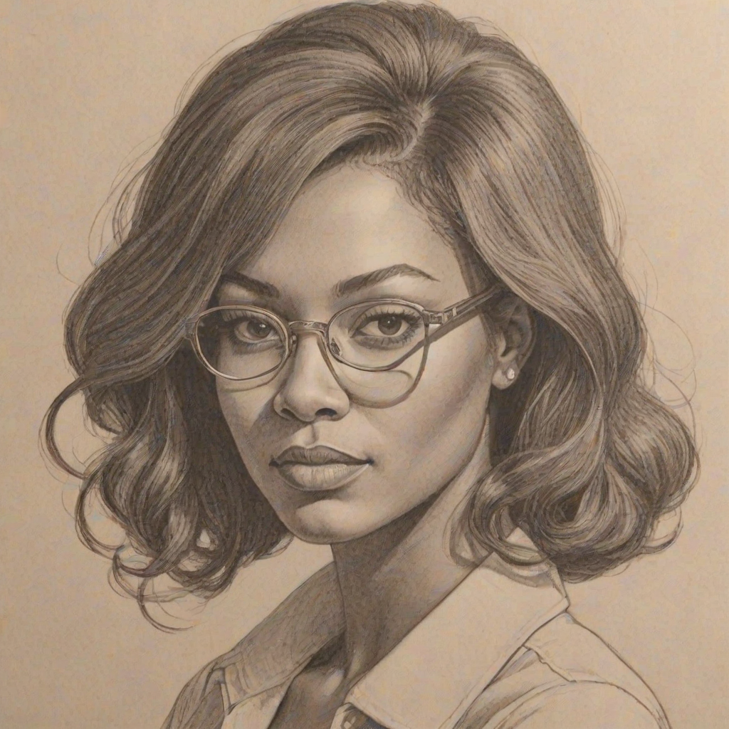 Charming Trina McGee, pencil sketch, portrait of Enchanting woman 1968s in glasses, hair style beatnik, outline, clear lines, fine lines, 8k