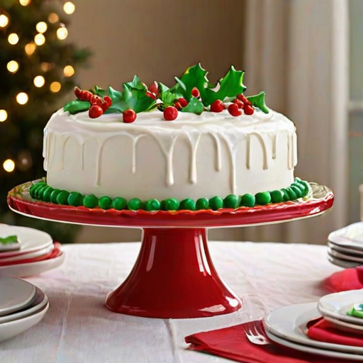 Create an image of a festive cake decorated with white frosting. The cake should have red holly berries and green leaves made from icing, placed evenly around the sides. It should be displayed on a vibrant red cake stand, with a cozy holiday-themed tablecloth in the background. Add some small holiday ornaments around the base for a seasonal touch.