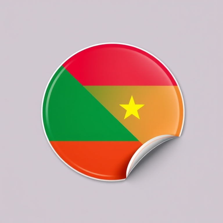 Create a high-resolution image of a round sticker featuring the flag of the Democratic Republic of the Congo, with a glossy finish and a slight curl at the edge, captured using a DSLR camera with a 50mm lens, f/2.8 aperture, ISO 100, and a soft box lighting setup for even illumination.