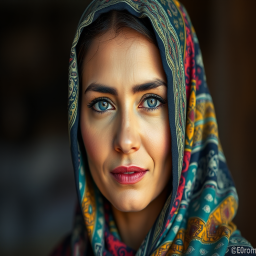 portrait of a woman wearing a vibrant headscarf with intricate patterns, soft natural lighting, 50mm lens, f/1.8 aperture, ISO 100, shallow depth of field, focus on face, high dynamic range, taken with a DSLR camera