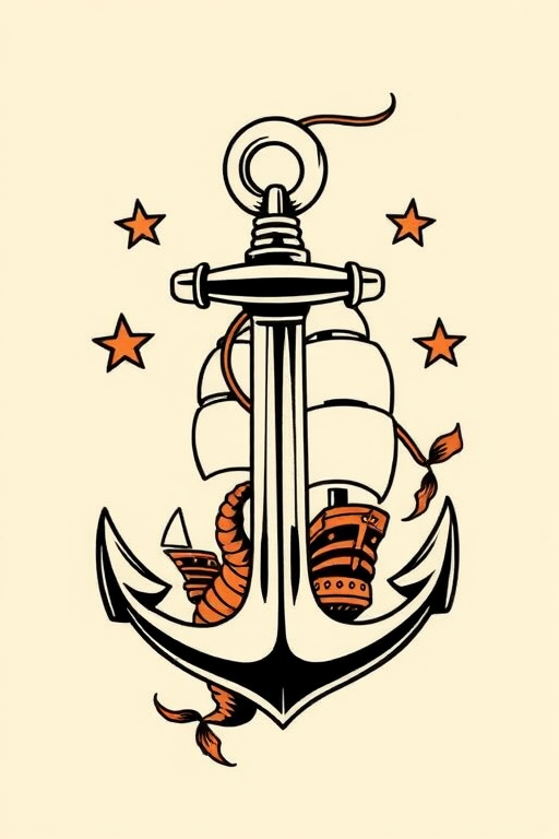 Traditional American tattoo style called "Sailor's Legacy" featuring bold outlines, limited color palette, and classic nautical imagery such as anchors, ships, and mermaids with a vintage aesthetic