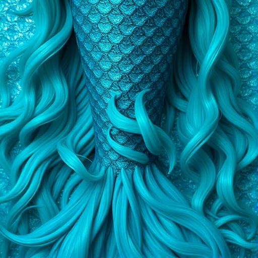 Vibrant teal mermaid waves cascading down to the waist, shimmering with iridescent highlights, creating a mesmerizing oceanic illusion known as "Siren's Embrace"