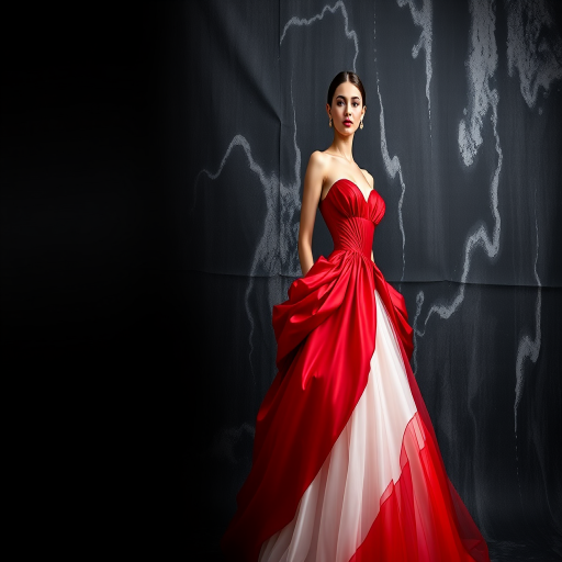regenerate a high-fashion portrait of a model in a red and white gown standing against a black and abstract background, using a Canon EOS R5 with an 85mm f/1.2 lens at ISO 100, aperture f/2.8, shutter speed 1/125s, soft diffused lighting for a classic studio effect.