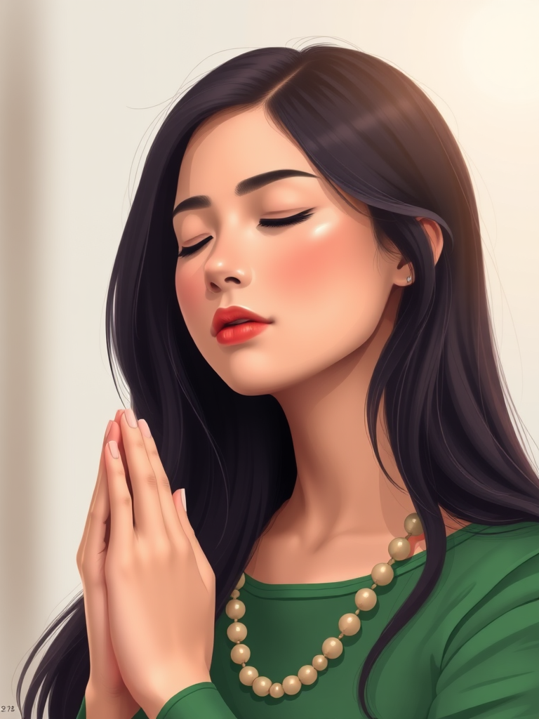 Create a digital illustration of a woman with long dark hair, eyes closed in a prayerful pose, wearing a green top and a beaded necklace, shot with a high-resolution DSLR camera at f/2.8 aperture, 50mm lens, soft focus background, natural lighting, and vibrant color grading.