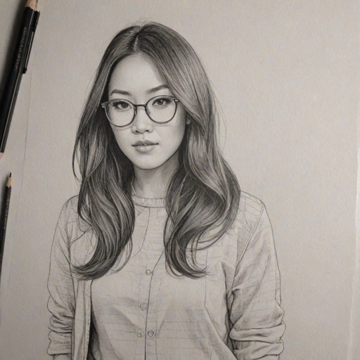Pleasing Ally Maki, pencil sketch, portrait of Radiant woman 1967s in glasses, hair style beatnik, outline, clear lines, fine lines, 8k
