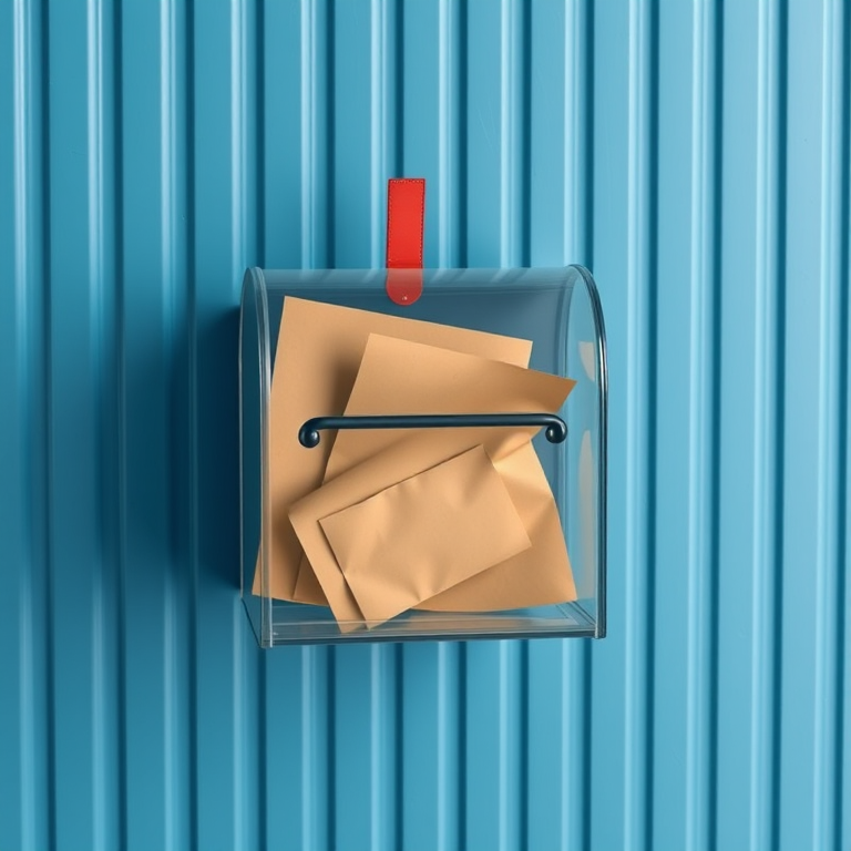 Generate a high-resolution digital illustration of a transparent mailbox with brown paper letters inside, against a blue striped background, using a Canon EOS R5 with an aperture of f/4, ISO 100, and a focal length of 50mm, in a realistic style.