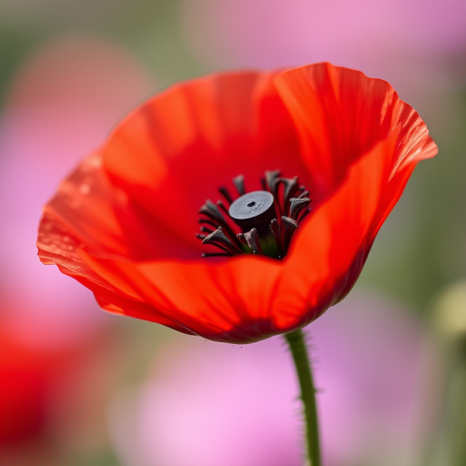 close-up of a red poppy flower, vibrant colors, soft focus, DSLR camera, 50mm lens, aperture f/2.8, ISO 100, natural light, shallow depth of field, high resolution
