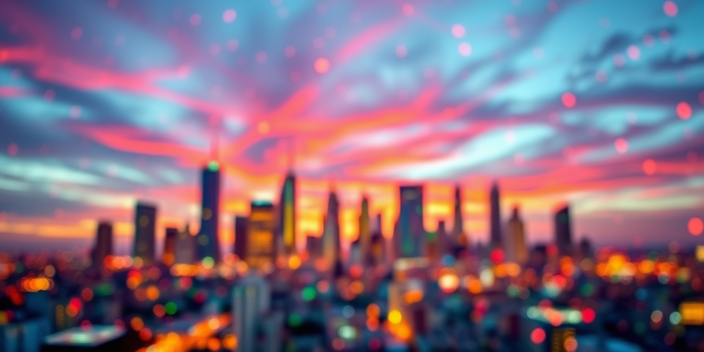Generate an abstract skyline with vibrant colors and cascading numbers in the background, taken with a Canon EOS R5, 50mm lens, f/1.8 aperture, ISO 100, in HDR style.