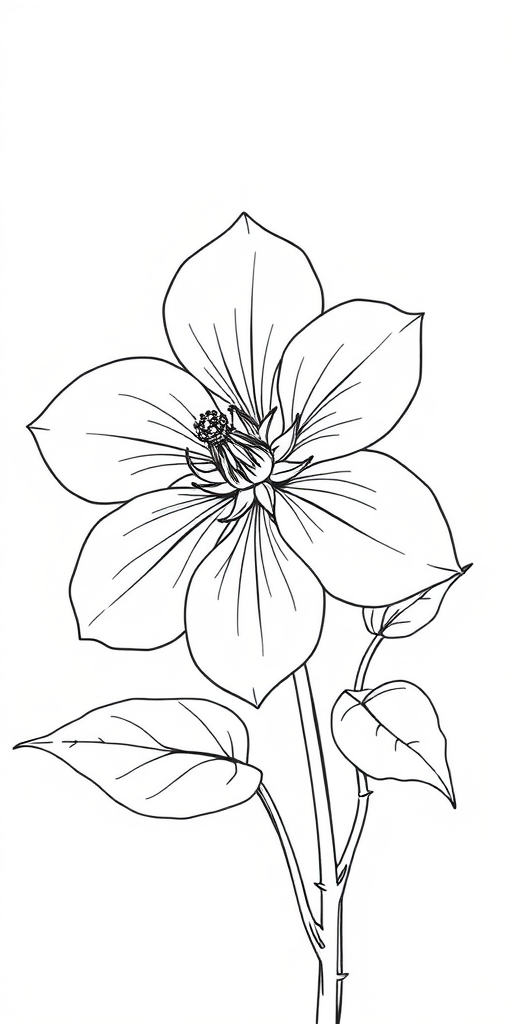 Regenerate the image of a detailed black and white line drawing of a flowering plant with leaves, using a DSLR camera with a 50mm lens, aperture set to f/2.8, shutter speed of 1/200s, and a natural light setting for enhanced clarity and sharpness.