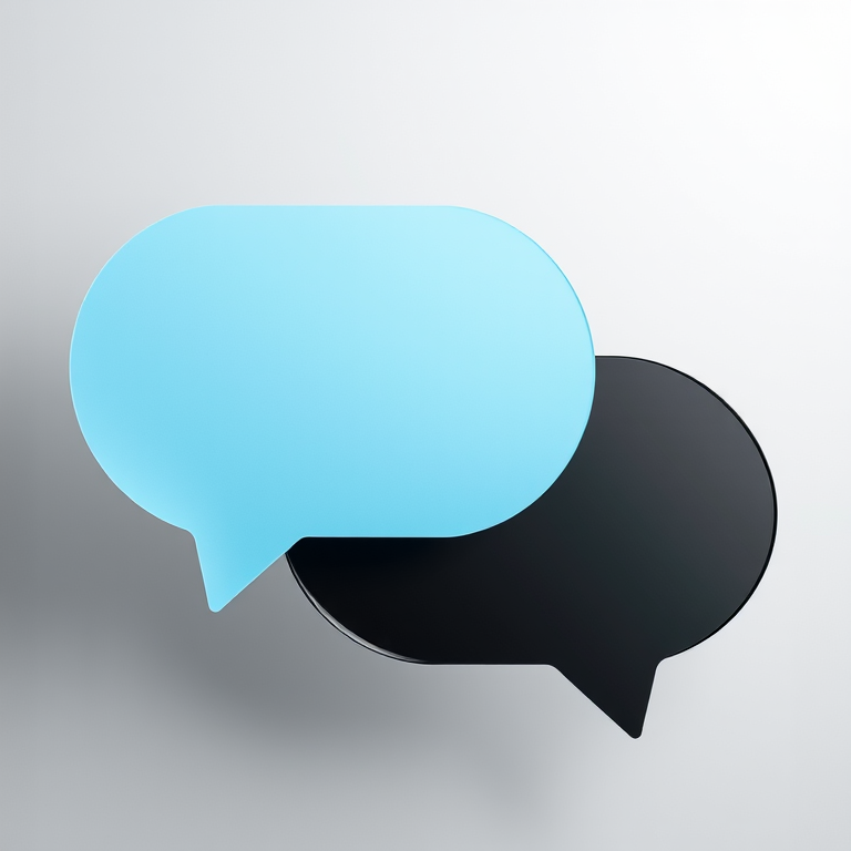 Create two overlapping speech bubbles, one filled with soft blue and the other transparent black, captured with a DSLR camera at f/8 aperture, 50mm lens, shallow depth of field, natural lighting, with a focus on the contours of the bubbles against a minimalistic background.