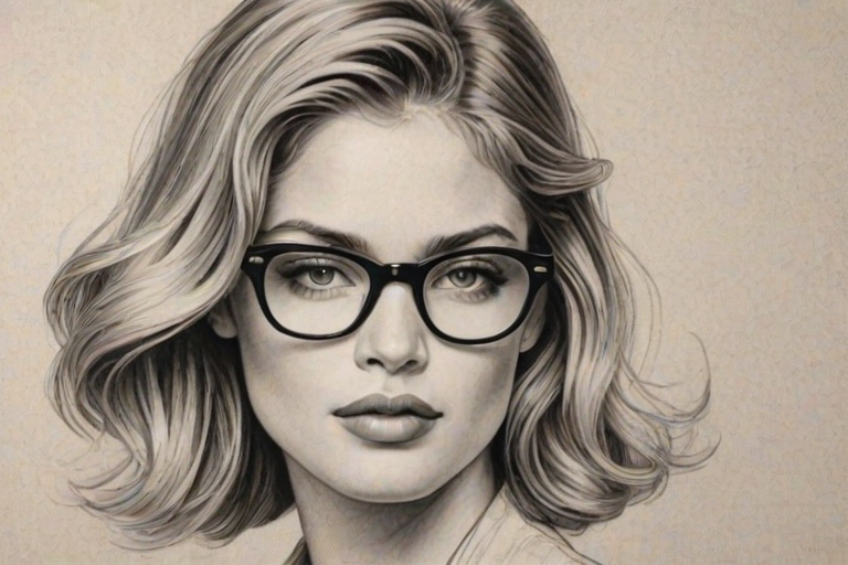 Gorgeous Doutzen Kroes, pencil sketch, portrait of Alluring woman 1920s in glasses, hair style beatnik, outline, clear lines, fine lines, 8k