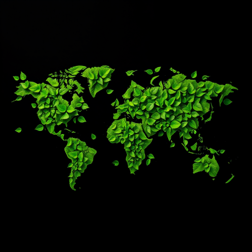 Create a high-resolution image of a world map formed by vibrant green ivy leaves on a black background, using a Canon EOS 5D Mark IV with a 50mm f/1.8 lens, aperture set to f/4, ISO 100, and a shallow depth of field to enhance detail and contrast.