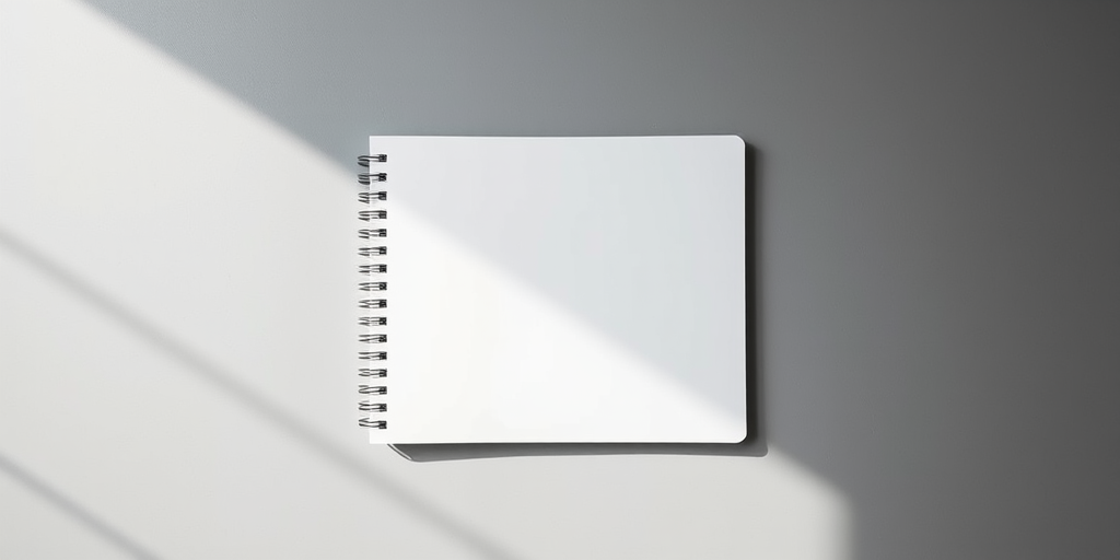 a blank spiral notebook on a smooth gray surface, soft natural lighting, Canon EOS R5, 50mm f/1.8 lens, aperture set to f/2.8, ISO 100, shutter speed 1/125s, top-down view, minimalistic style