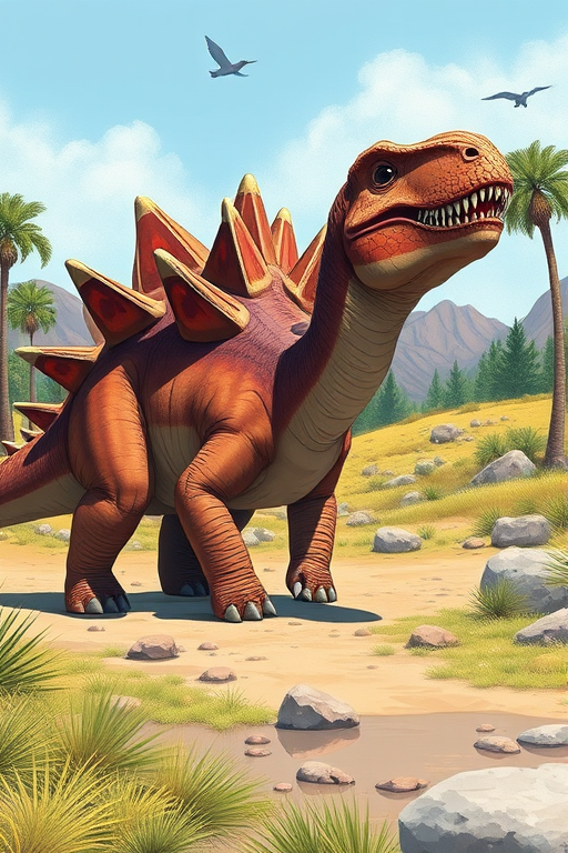 Create a detailed illustration of a Stegosaurus in a prehistoric landscape, using a DSLR camera with a 50mm lens, f/8 aperture, ISO 200, low angle view, natural lighting, and a vibrant color palette to enhance the image quality.