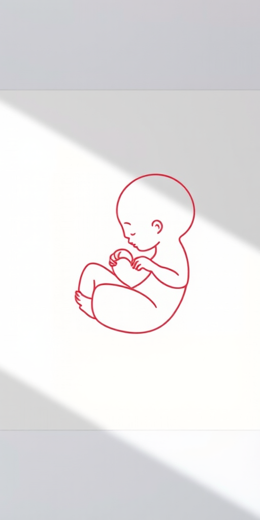 Create a minimalist line art illustration of a fetus with a heart, using soft pastel colors, shot with a Nikon Z6 camera, 50mm lens, f/1.8 aperture, ISO 100, natural light, top-down view, high resolution.
