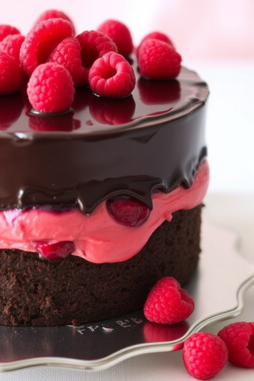 Chocolate cake with raspberry filling topped with fresh raspberries on a silver platter with a soft background.
