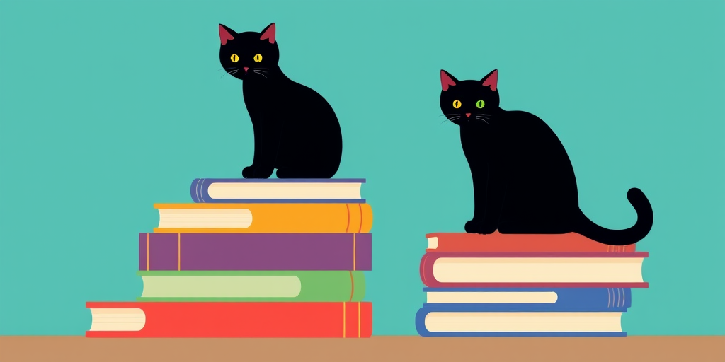 A minimalist illustration of two black cats, one sitting on a stack of colorful books and another peeking from behind, with a solid turquoise background, captured using a DSLR camera with a 50mm lens, aperture f/2.8, ISO 100, and natural lighting to enhance color vibrancy and clarity.