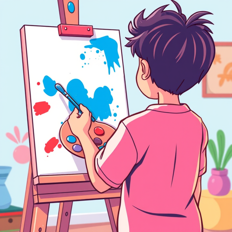 Create a vibrant cartoon-style image of a person painting on a canvas, facing away with a palette in one hand, using bright colors like blue and red, with soft shadows and a playful background; camera settings: f/4, ISO 100, 1/60s; camera view: medium shot; camera style: digital illustration; camera type: DSLR.