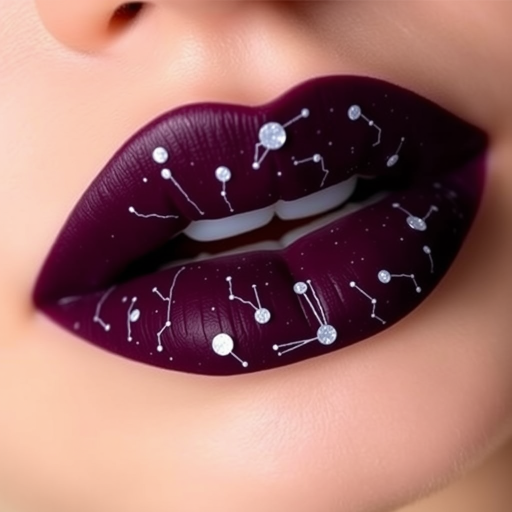 Deep plum lips with constellation designs in white, called "Celestial Dreams," offer a mystical and enchanting appearance with a long-lasting matte finish for stargazing parties