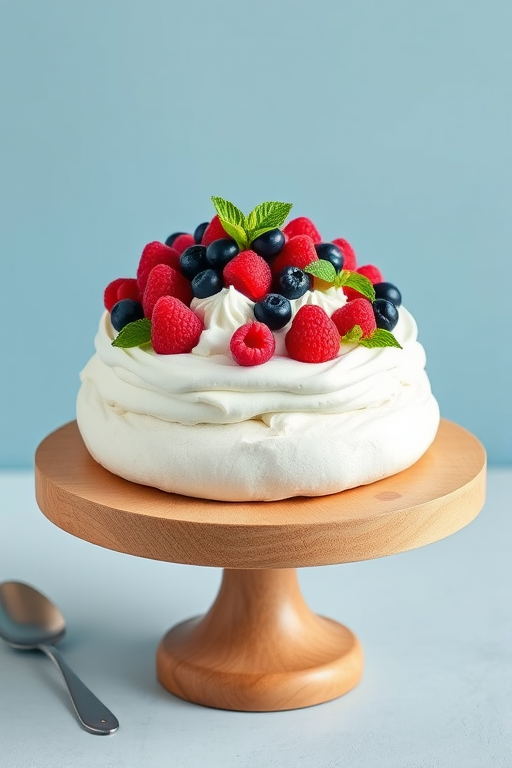 Create an image of a beautifully styled pavlova cake topped with fresh raspberries blueberries and mint leaves on a wooden cake stand with a soft blue background. The cake should have a light and fluffy meringue texture with whipped cream visible and a rustic silver serving spoon beside it.