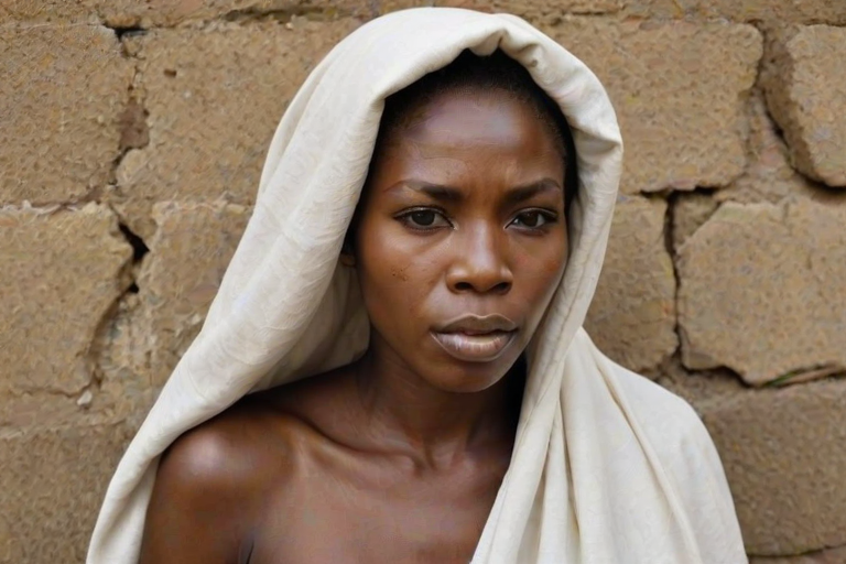 Create a close-up photographic image of a Zulu woman with light skin tones shown against an old, worn wall. Their head is wrapped in a white cloth covering (i.e.... parts of the head except the nose and mouth, which are open as if they are screaming...), with a slight texture and visible folds in the fabric. Thin strands of blonde hair escape from the wrapping above, falling lightly at the top and sides. Their hands hold the fabric as if they are tugging nervously. The lighting is dramatic and even, casting strong shadows. The image has a minimalist and surreal style with an emphasis on simplicity with soft color tones. The composition is centered.