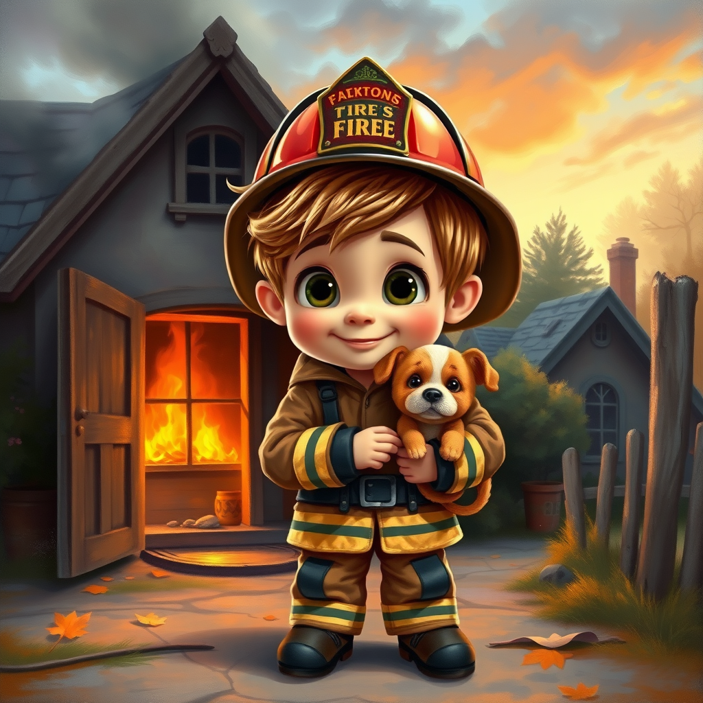 airbrushed oil painting, pixar style, cute little boy in fireman gear, helmet, tousled hair, expressive eyes, standing in the doorstep of a cottage burning behind him, holding a cute little dog in his arm, atumn sky