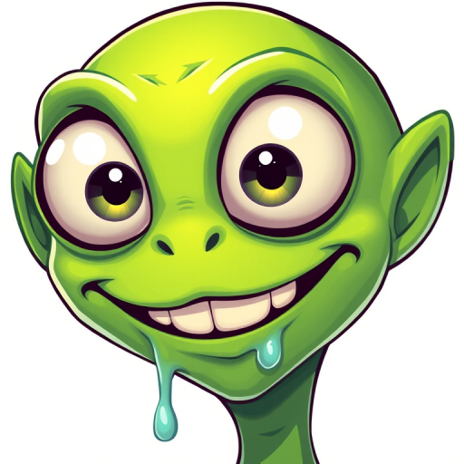 Create a vibrant illustration of a cartoon green alien face with big eyes, a wide smile, and drooling, using a high-resolution digital art style, with a 50mm lens, f/2.8 aperture, and soft lighting against a transparent background.