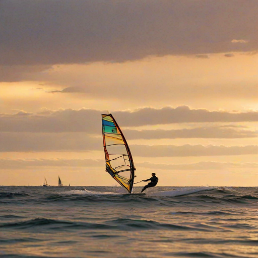Blurry action shot of a windsurfer riding a wave at sunset, soft golden light reflecting off the water, with distant sailboats barely visible on the horizon and a colorful sky overhead.