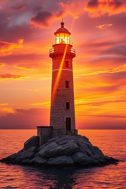 Generate an image of a tall lighthouse perched on a rocky outcrop surrounded by calm ocean waters during a breathtaking sunset. The lighthouse stands sturdy and weathered, its stone surface illuminated by the warm golden light of the setting sun. The sun's rays pass directly through the glass lantern room at the top of the lighthouse, casting a brilliant light across the scene. The sky is painted with vibrant shades of orange, pink, and purple, reflecting off the tranquil sea. The surrounding water shimmers with the same warm hues, creating a serene and majestic atmosphere.