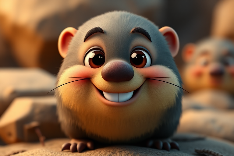 cartoonish cute mole character with exaggerated features smiling, vibrant colors, 8K resolution, ISO 100, f/5.6 aperture, 35mm lens, front view, digital illustration, soft lighting, high detail