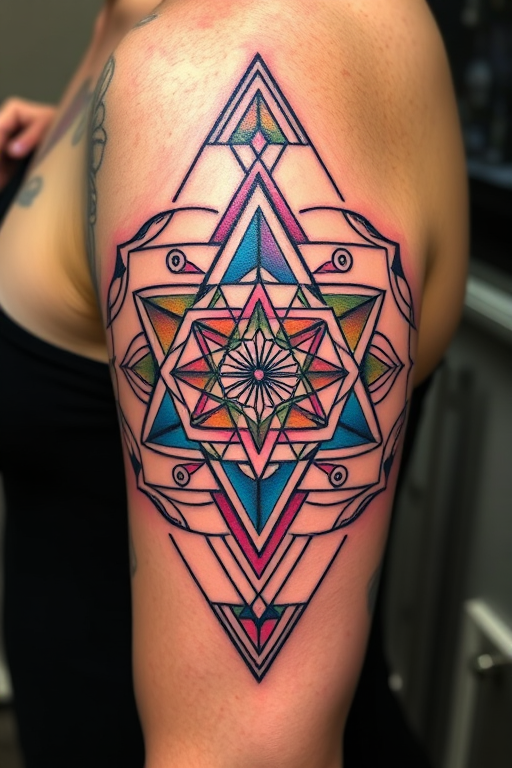 Geometric tattoo "Sacred Symmetry" combining precise linework and sacred geometry patterns in black ink with pops of vibrant color gradients for a modern, eye-catching design