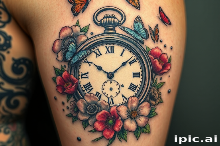 Surrealist tattoo titled "Dreamscape Fusion" portraying a melting pocket watch intertwined with blooming flowers and floating butterflies, blending reality and fantasy in a striking and thought-provoking design