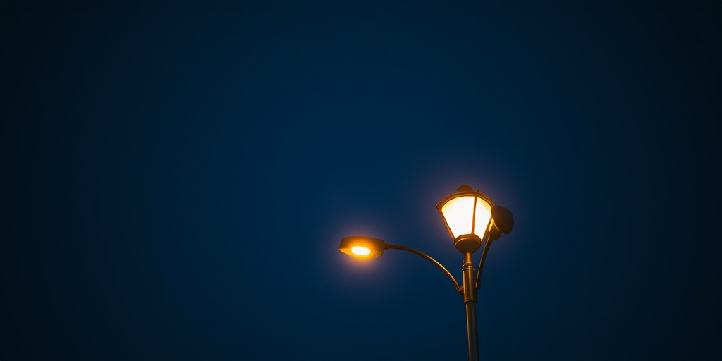 regenerate an artistic depiction of three street lamps glowing against a dark blue background, use a Canon EOS 5D Mark IV, 50mm lens, f/1.8 aperture, ISO 100, 1/60s shutter speed, shot from a low angle to emphasize the height of the lamps, with a soft focus and enhanced texture for a painterly effect