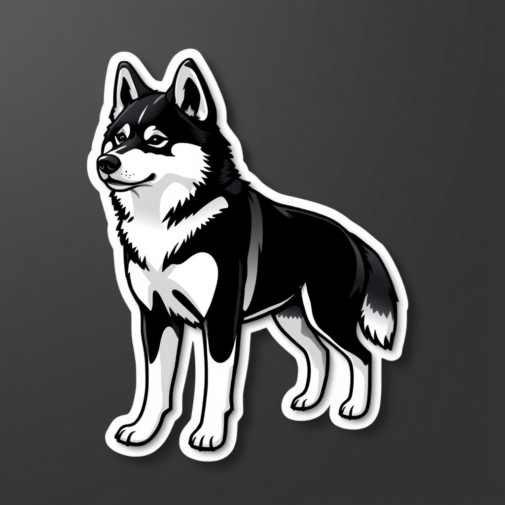generate sticker, 3D black and white yakutian laika dog breed, black background