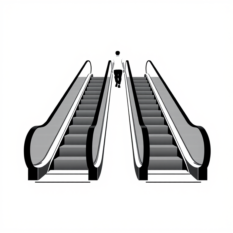 Create a minimalistic vector image of an escalator with a person ascending, using Adobe Illustrator, with a clean white background, high contrast black and white colors, and sharp lines, ensuring a modern design aesthetic.