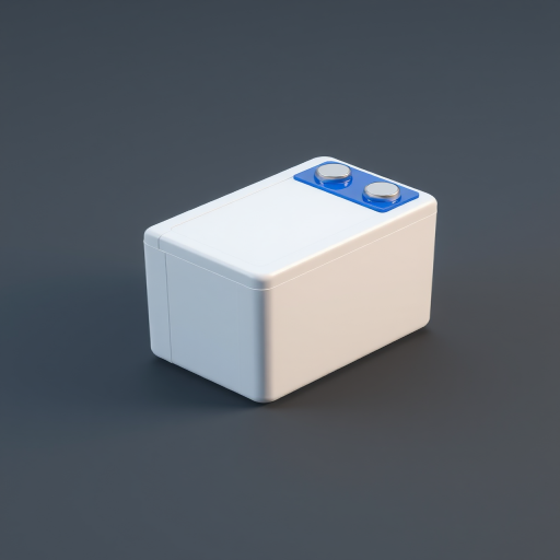 Create a high-resolution 3D rendering of a rectangular battery with a blue top and white body, using a DSLR camera with a 50mm lens, aperture f/8, ISO 100, and soft studio lighting for a professional look.