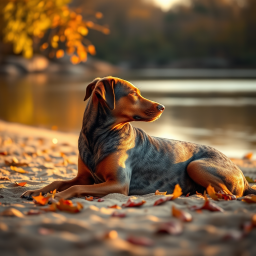 A serene side profile of a dog with a brindle coat lying on the sandy bank of a calm river, surrounded by autumn leaves and soft golden light, shot with a Canon EOS R6, 50mm lens, aperture f/1.8, ISO 200, at sunset for enhanced color depth and focus.