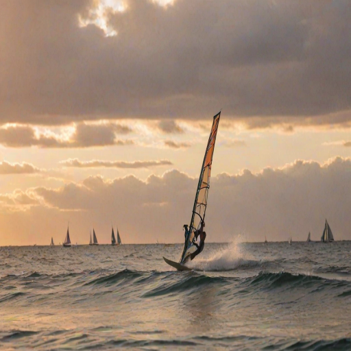Blurry action shot of a windsurfer catching air off a wave at sunset, soft orange light reflecting off the water, with distant sailboats barely visible on the horizon and soft clouds in the sky.