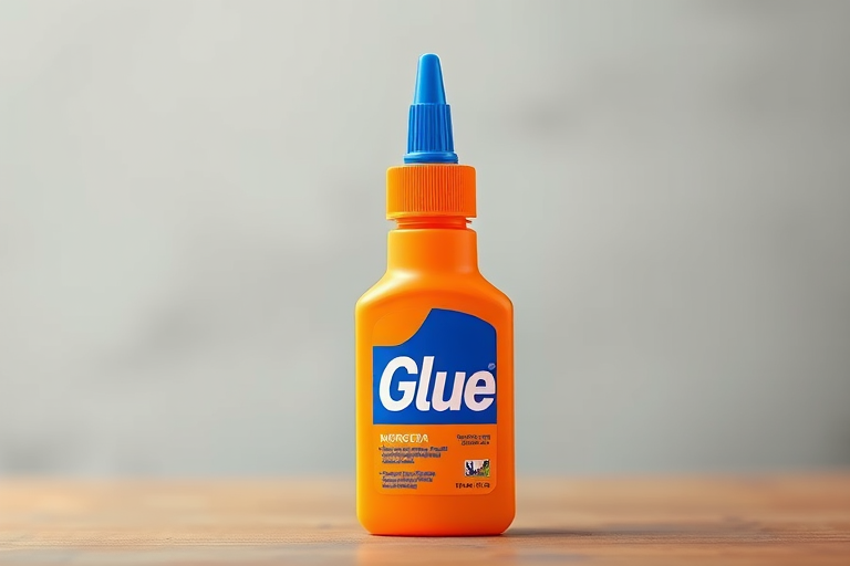 Generate a high-quality vector illustration of an orange glue bottle with a blue cap and the word "Glue" prominently displayed, captured at a 50mm lens with f/2.8 aperture in a soft-focus backdrop to enhance foreground sharpness, using a digital SLR camera for crisp details.