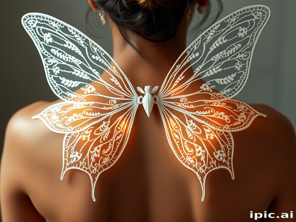 Ethereal white ink tattoo of delicate fairy wings spanning across the back, featuring intricate lace-like patterns and soft, luminescent highlights that seem to glow against olive skin