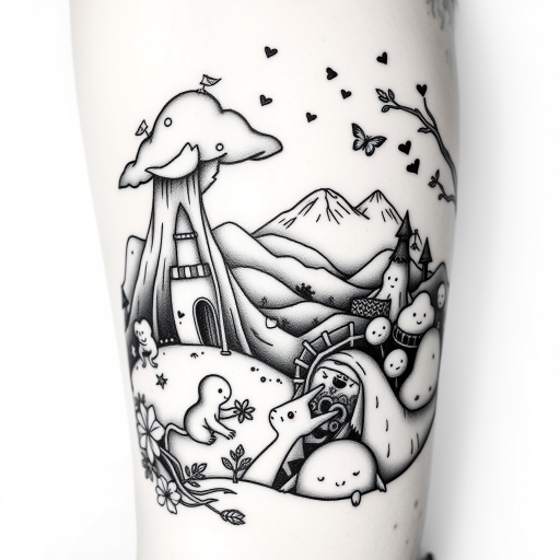 Illustrative black and grey tattoo portraying a whimsical storybook scene with fantastical creatures and landscapes, soft shading and intricate linework creating depth and texture, nostalgic and imaginative design