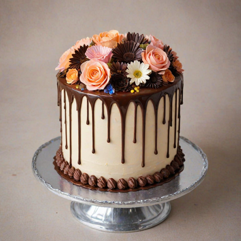 Create an image of a beautifully decorated cake. The cake should have a smooth buttercream finish, topped with a glossy chocolate ganache that drips down the sides. Include decorative piped frosting flowers around the top edge. The cake should be placed on a shiny silver cake board, with a clean and simple background to emphasize the cake's details.