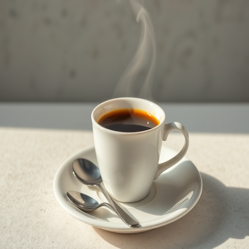 Create a high-resolution digital illustration of a steaming cup of coffee on a saucer, with a metallic spoon beside it, using a shallow depth of field, 50mm lens at f/2.8, with soft natural lighting, shot in a minimalistic style to emphasize the coffee's steam against a subtle textured background.